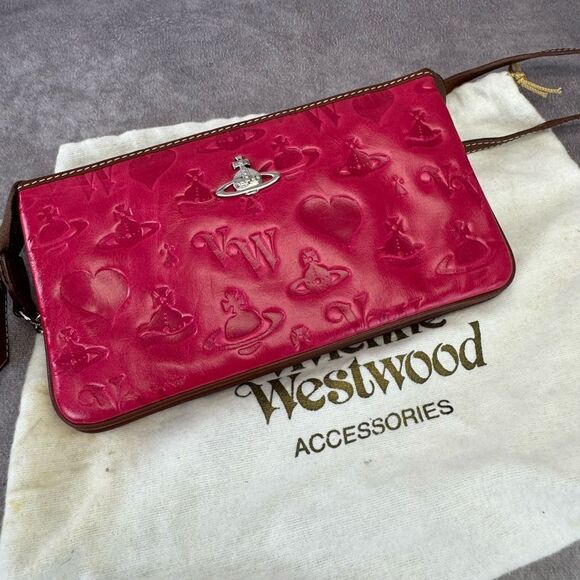 Vivienne Westwood Pink Embossed Leather Women's Bag Crossbody Wallet on Strap - Picture 15 of 15